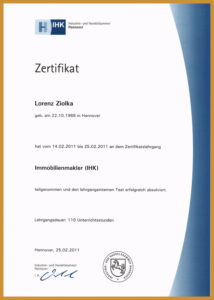 Zertifikat des IHK-Lehrgangs Immobilienmakler (IHK) von Herrn L. Ziolka