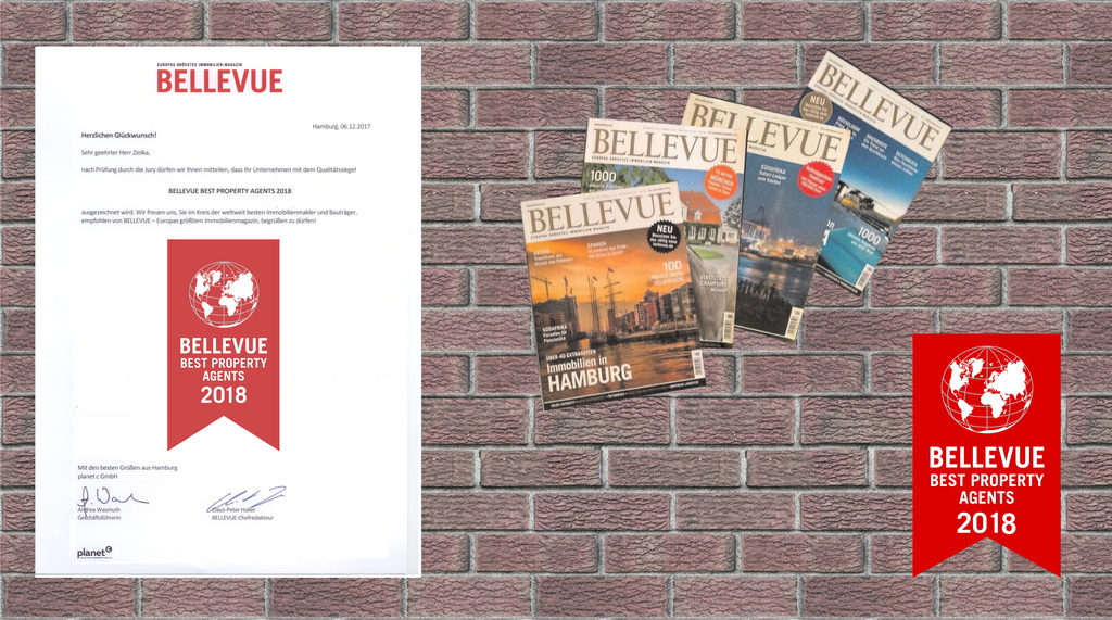 Schreiben zur Auszeichnung durch das Immobilienmagazin "BELLEVUE" als "Best Property Agent" für das Jahr 2018 auf einem Hintergrund mit Steinoptik neben Abbildungen des Fachmagazins.