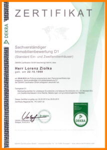Zertifikat des DEKRA-Lehrgangs Sachverständiger Immobilienbewertung D1 aus dem Jahr 2012 von Herrn L. Ziolka