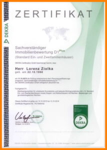Zertifikat des DEKRA-Lehrgangs Sachverständiger Immobilienbewertung D1 Plus aus dem Jahr 2015 von Herrn L. Ziolka